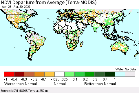 World NDVI Departure from Average (Terra-MODIS) Thematic Map For 4/23/2021 - 4/30/2021