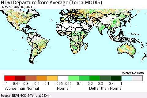 World NDVI Departure from Average (Terra-MODIS) Thematic Map For 5/9/2021 - 5/16/2021