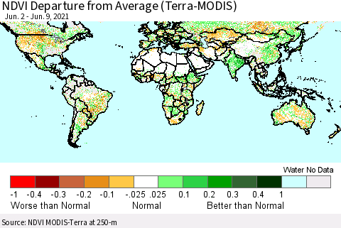 World NDVI Departure from Average (Terra-MODIS) Thematic Map For 6/2/2021 - 6/9/2021