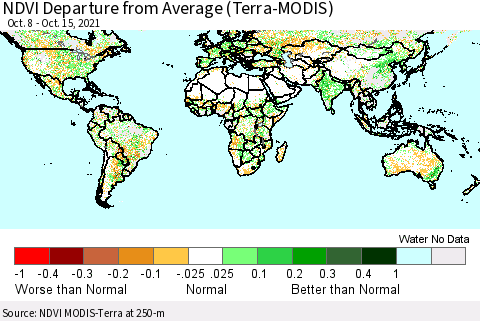 World NDVI Departure from Average (Terra-MODIS) Thematic Map For 10/8/2021 - 10/15/2021