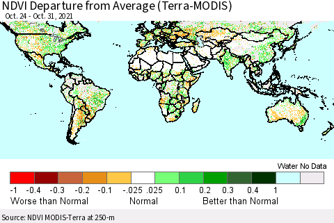 World NDVI Departure from Average (Terra-MODIS) Thematic Map For 10/24/2021 - 10/31/2021