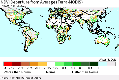 World NDVI Departure from Average (Terra-MODIS) Thematic Map For 11/9/2021 - 11/16/2021
