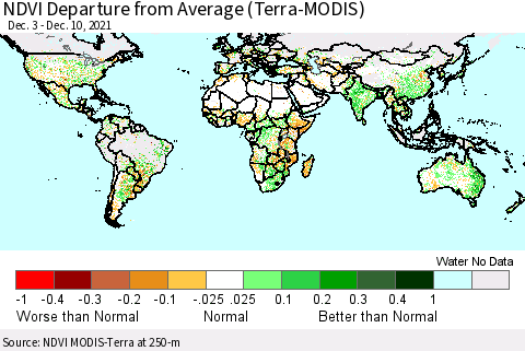 World NDVI Departure from Average (Terra-MODIS) Thematic Map For 12/3/2021 - 12/10/2021