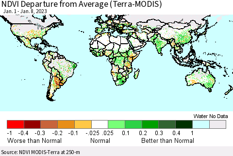 World NDVI Departure from Average (Terra-MODIS) Thematic Map For 1/1/2023 - 1/8/2023
