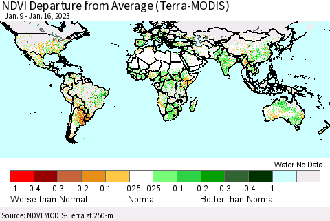 World NDVI Departure from Average (Terra-MODIS) Thematic Map For 1/9/2023 - 1/16/2023