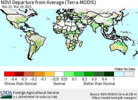 World NDVI Departure from Average (Terra-MODIS) Thematic Map For 3/21/2023 - 3/31/2023