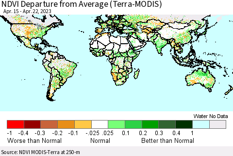 World NDVI Departure from Average (Terra-MODIS) Thematic Map For 4/15/2023 - 4/22/2023