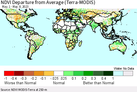 World NDVI Departure from Average (Terra-MODIS) Thematic Map For 5/1/2023 - 5/8/2023