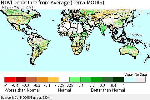 World NDVI Departure from Average (Terra-MODIS) Thematic Map For 5/9/2023 - 5/16/2023