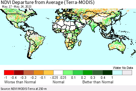 World NDVI Departure from Average (Terra-MODIS) Thematic Map For 5/17/2023 - 5/24/2023