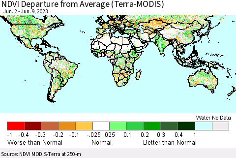 World NDVI Departure from Average (Terra-MODIS) Thematic Map For 6/2/2023 - 6/9/2023
