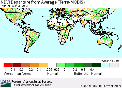 World NDVI Departure from Average (Terra-MODIS) Thematic Map For 8/21/2023 - 8/31/2023