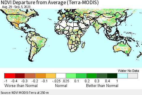 World NDVI Departure from Average (Terra-MODIS) Thematic Map For 8/29/2023 - 9/5/2023