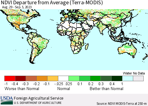 World NDVI Departure from Average (Terra-MODIS) Thematic Map For 9/1/2023 - 9/10/2023