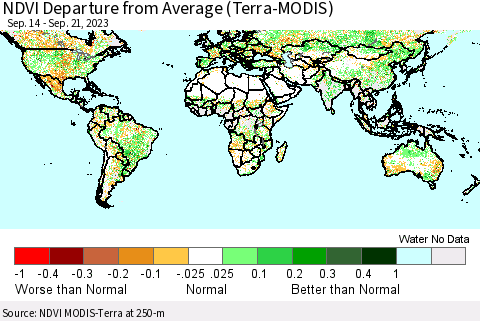 World NDVI Departure from Average (Terra-MODIS) Thematic Map For 9/14/2023 - 9/21/2023