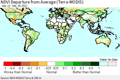 World NDVI Departure from Average (Terra-MODIS) Thematic Map For 9/22/2023 - 9/29/2023