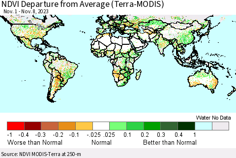 World NDVI Departure from Average (Terra-MODIS) Thematic Map For 11/1/2023 - 11/8/2023