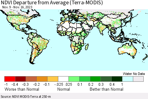 World NDVI Departure from Average (Terra-MODIS) Thematic Map For 11/9/2023 - 11/16/2023