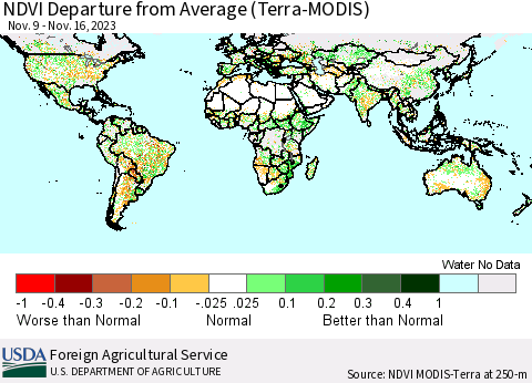 World NDVI Departure from Average (Terra-MODIS) Thematic Map For 11/11/2023 - 11/20/2023