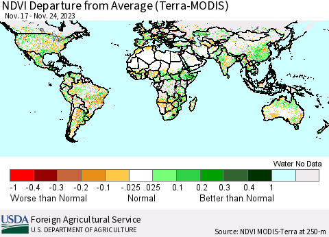 World NDVI Departure from Average (Terra-MODIS) Thematic Map For 11/21/2023 - 11/30/2023