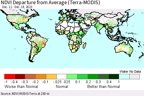 World NDVI Departure from Average (Terra-MODIS) Thematic Map For 12/11/2023 - 12/18/2023