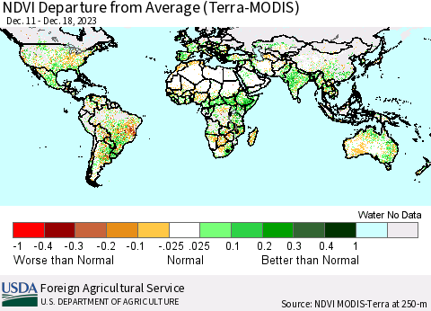 World NDVI Departure from Average (Terra-MODIS) Thematic Map For 12/11/2023 - 12/20/2023