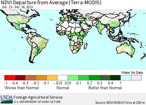 World NDVI Departure from Average (Terra-MODIS) Thematic Map For 12/21/2023 - 12/31/2023