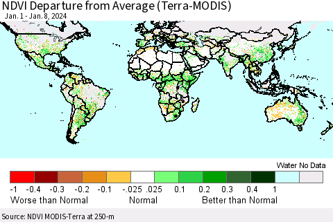 World NDVI Departure from Average (Terra-MODIS) Thematic Map For 1/1/2024 - 1/8/2024
