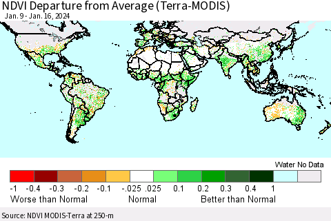 World NDVI Departure from Average (Terra-MODIS) Thematic Map For 1/9/2024 - 1/16/2024
