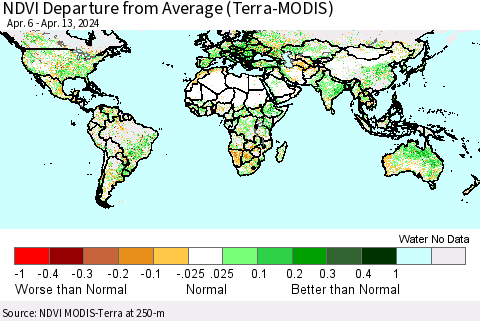 World NDVI Departure from Average (Terra-MODIS) Thematic Map For 4/6/2024 - 4/13/2024
