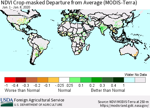 World Cropland NDVI Departure from Average (Terra-MODIS) Thematic Map For 1/1/2020 - 1/10/2020