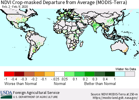 World Cropland NDVI Departure from Average (Terra-MODIS) Thematic Map For 2/1/2020 - 2/10/2020