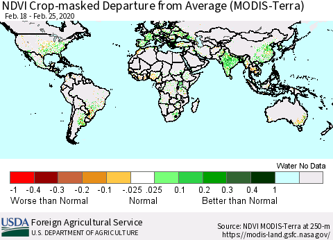 World Cropland NDVI Departure from Average (Terra-MODIS) Thematic Map For 2/21/2020 - 2/29/2020