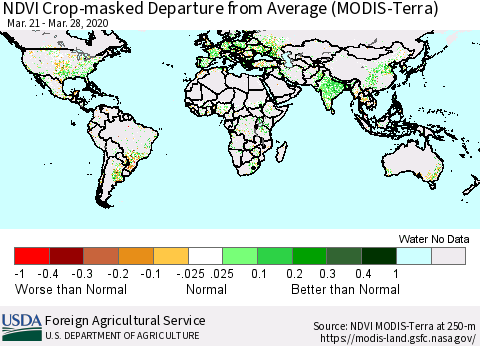 World Cropland NDVI Departure from Average (Terra-MODIS) Thematic Map For 3/21/2020 - 3/31/2020