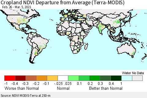 World Cropland NDVI Departure from Average (Terra-MODIS) Thematic Map For 2/26/2021 - 3/5/2021