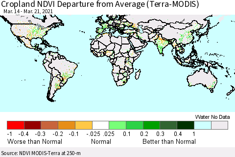 World Cropland NDVI Departure from Average (Terra-MODIS) Thematic Map For 3/14/2021 - 3/21/2021