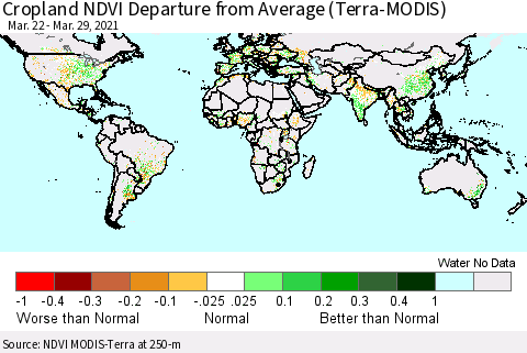 World Cropland NDVI Departure from Average (Terra-MODIS) Thematic Map For 3/22/2021 - 3/29/2021