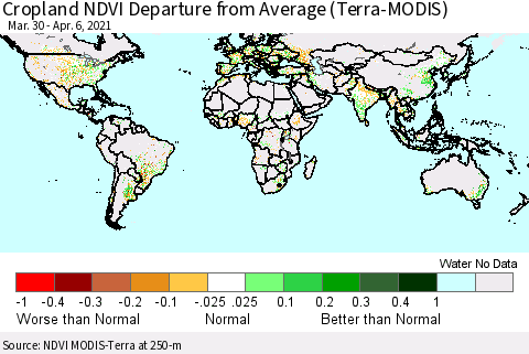 World Cropland NDVI Departure from Average (Terra-MODIS) Thematic Map For 3/30/2021 - 4/6/2021