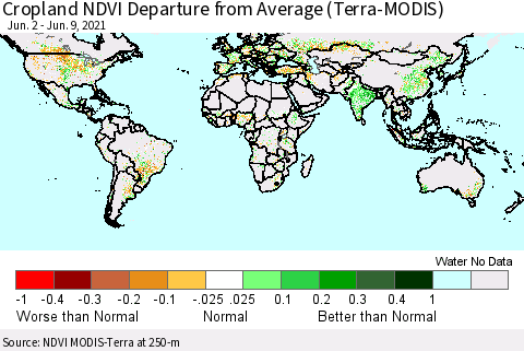World Cropland NDVI Departure from Average (Terra-MODIS) Thematic Map For 6/2/2021 - 6/9/2021