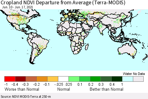 World Cropland NDVI Departure from Average (Terra-MODIS) Thematic Map For 6/10/2021 - 6/17/2021