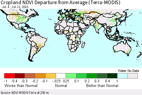 World Cropland NDVI Departure from Average (Terra-MODIS) Thematic Map For 7/4/2021 - 7/11/2021