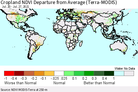 World Cropland NDVI Departure from Average (Terra-MODIS) Thematic Map For 7/20/2021 - 7/27/2021