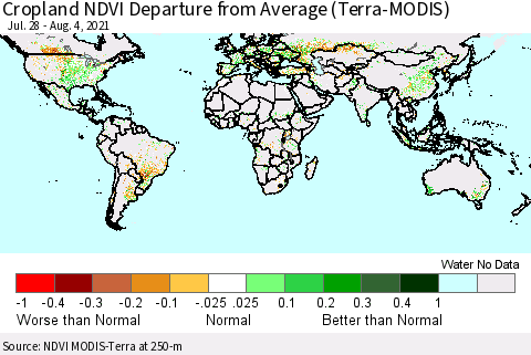 World Cropland NDVI Departure from Average (Terra-MODIS) Thematic Map For 7/28/2021 - 8/4/2021