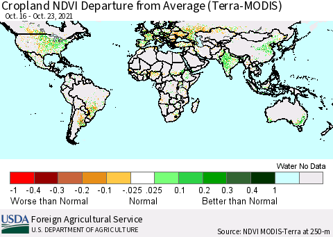 World Cropland NDVI Departure from Average (Terra-MODIS) Thematic Map For 10/16/2021 - 10/23/2021