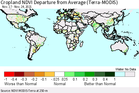 World Cropland NDVI Departure from Average (Terra-MODIS) Thematic Map For 11/17/2021 - 11/24/2021