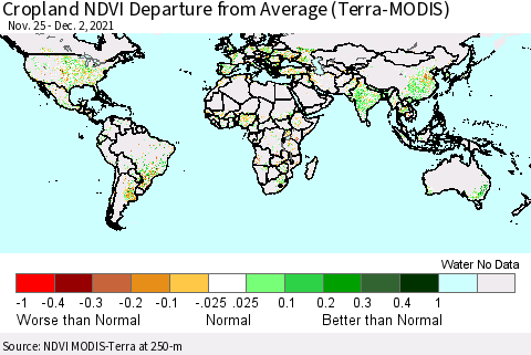 World Cropland NDVI Departure from Average (Terra-MODIS) Thematic Map For 11/25/2021 - 12/2/2021