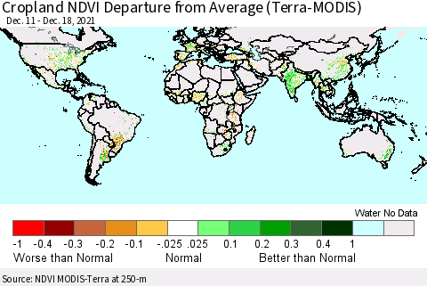 World Cropland NDVI Departure from Average (Terra-MODIS) Thematic Map For 12/11/2021 - 12/18/2021