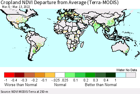 World Cropland NDVI Departure from Average (Terra-MODIS) Thematic Map For 3/6/2022 - 3/13/2022