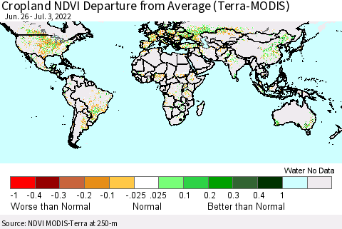 World Cropland NDVI Departure from Average (Terra-MODIS) Thematic Map For 6/26/2022 - 7/3/2022