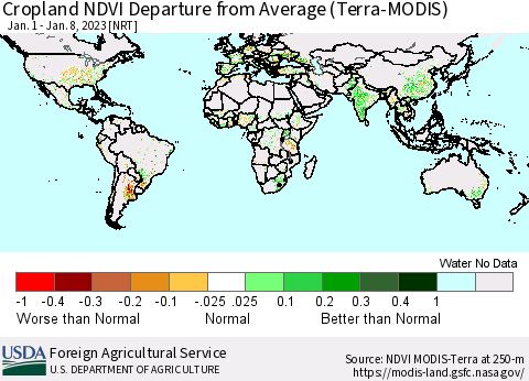 World Cropland NDVI Departure from Average (Terra-MODIS) Thematic Map For 1/1/2023 - 1/10/2023